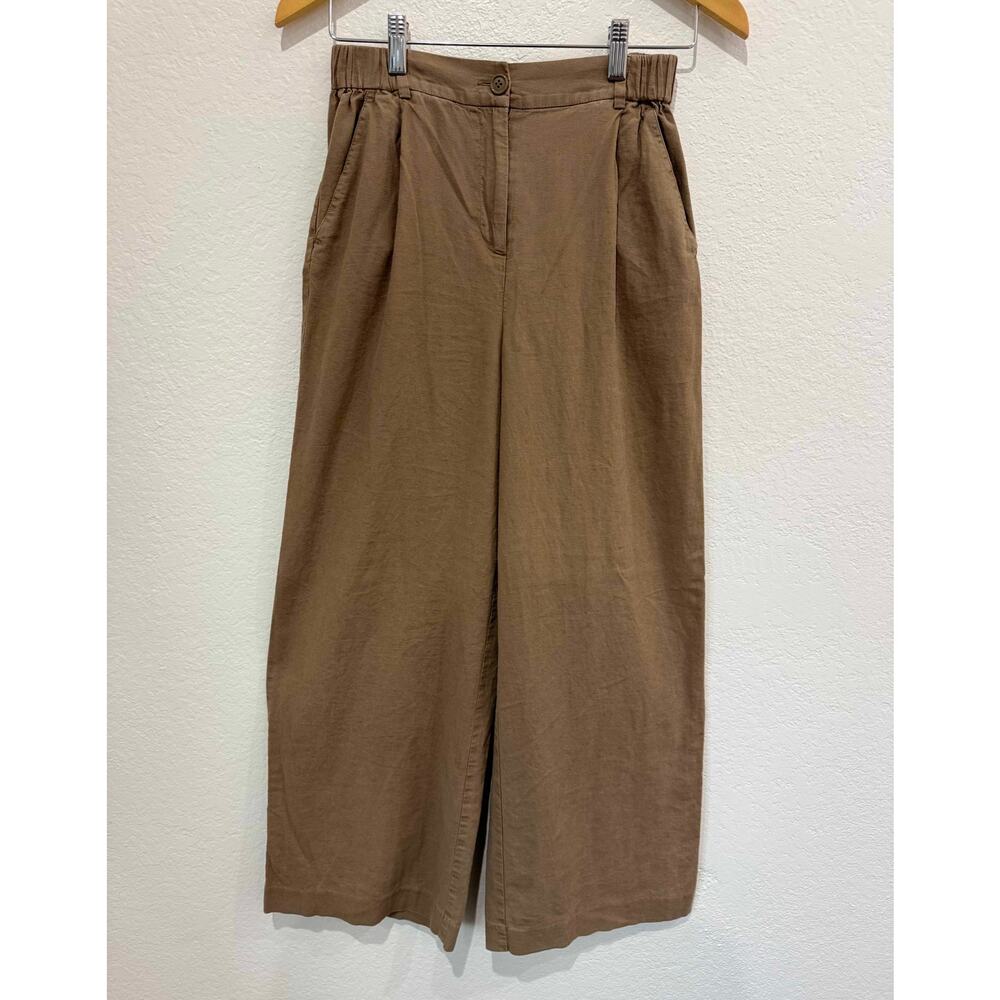 Open Edit Linen Blend Wide Leg Pants XS Caribou Brown Elastic Waist Minimalist